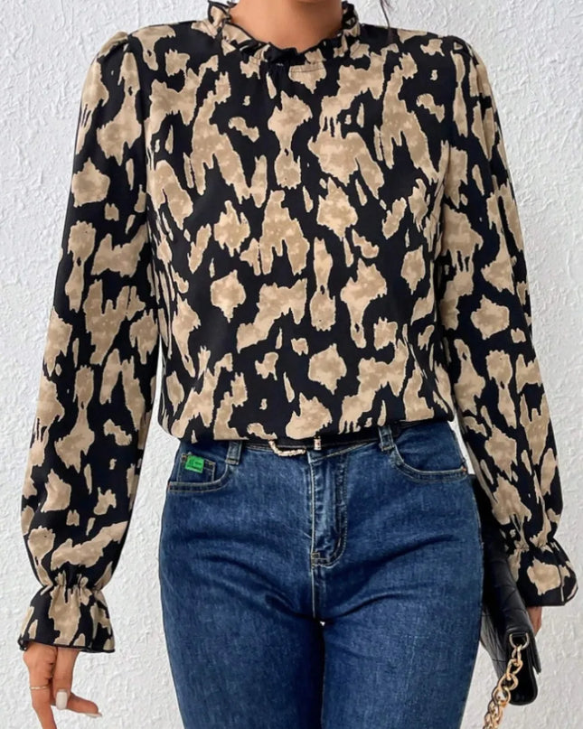 Frill Leopard Mock Neck Flounce Sleeve Blouse