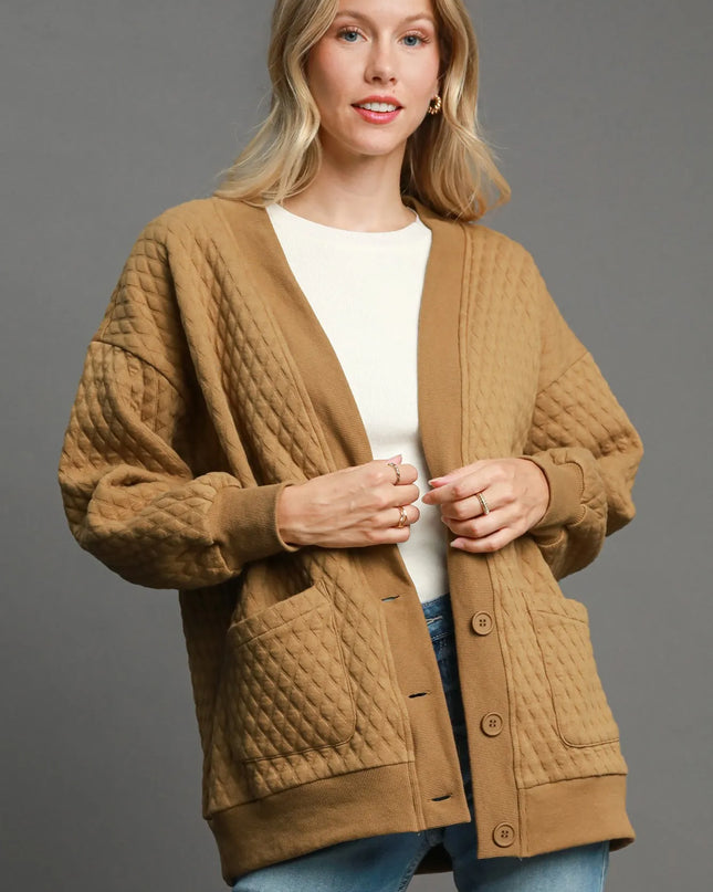 Umgee Button-Up Jacquard Cardigan LATTE