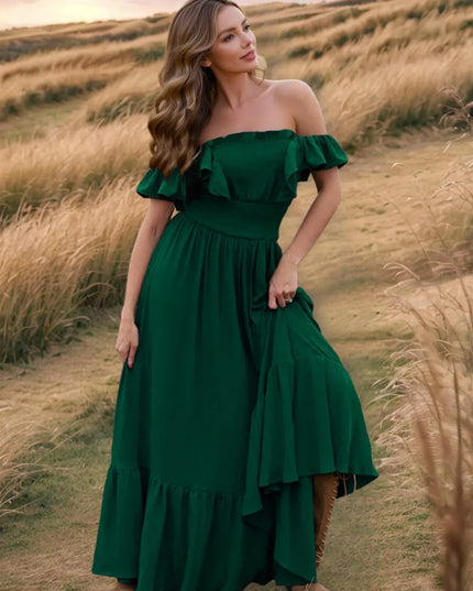Ruffled Smocked Square Neck Maxi Dress Dark Green