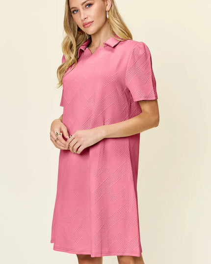 Double Take Full Size Texture Collared Neck Short Sleeve Dress