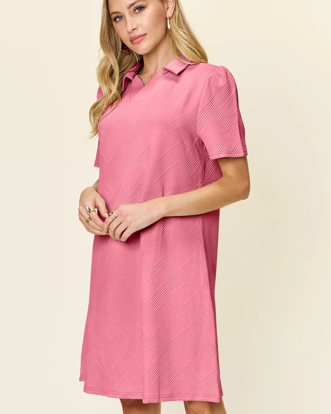 Double Take Full Size Texture Collared Neck Short Sleeve Dress