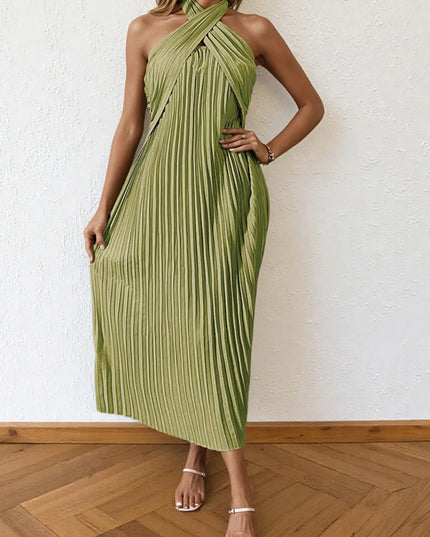 Pleated Halter Neck Midi Dress