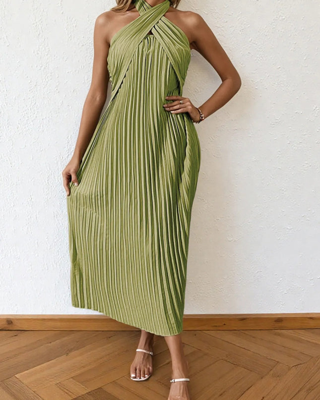 Pleated Halter Neck Midi Dress