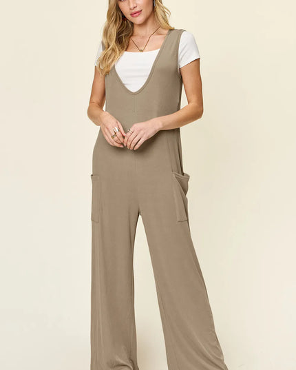 Double Take Full Size Sleeveless Wide Leg Jumpsuit with Pockets Mocha