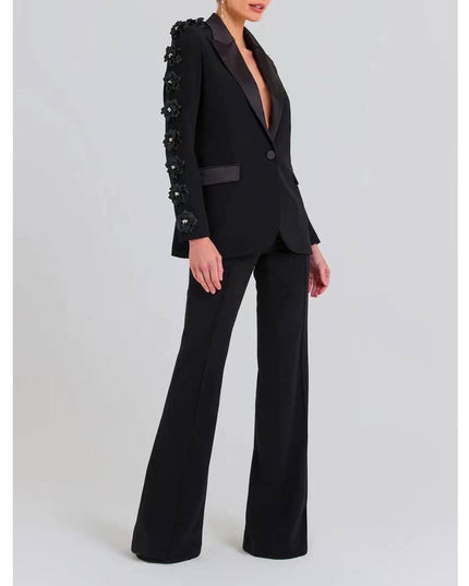 SET6-21 Elegant Floral Ruffle Blazer & Flare Pant Suit