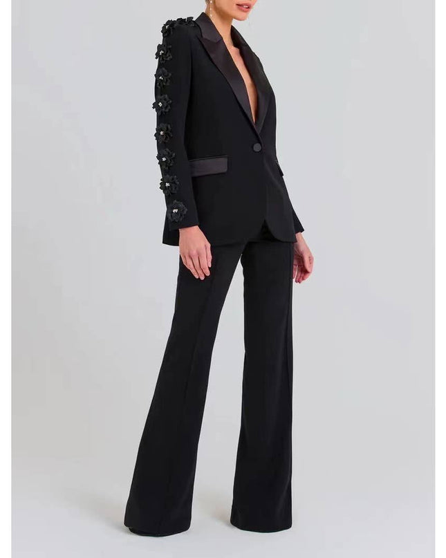 SET6-21 Elegant Floral Ruffle Blazer & Flare Pant Suit