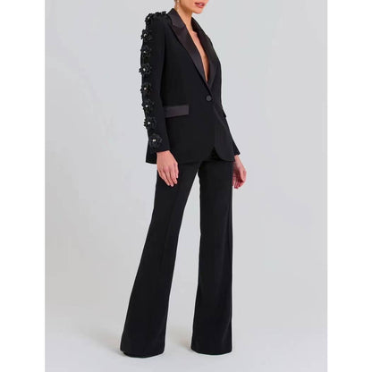 SET6-21 Elegant Floral Ruffle Blazer & Flare Pant Suit