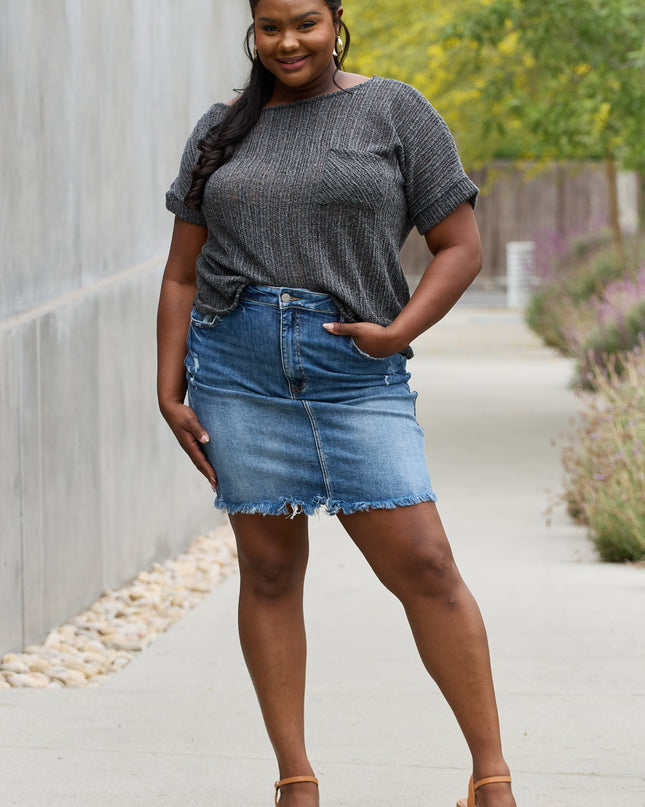 e.Luna Full Size Chunky Knit Short Sleeve Top in Gray