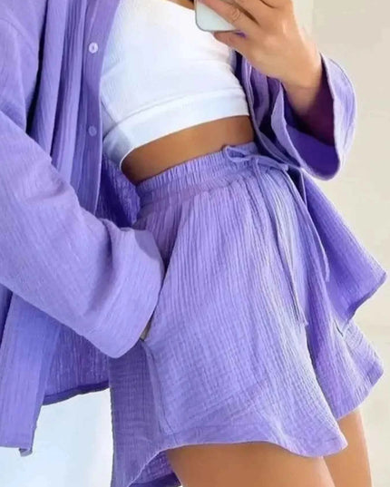 Texture Button Up Shirt and Shorts Set