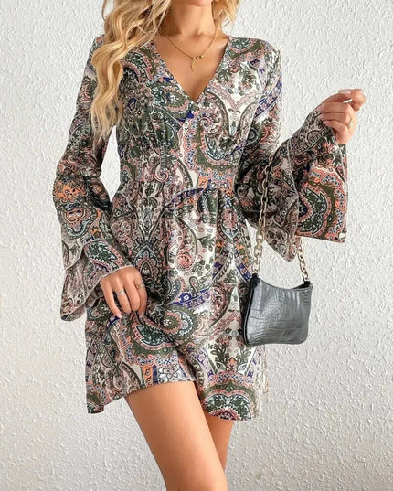 Paisley Print Bell Sleeve Mini Dress