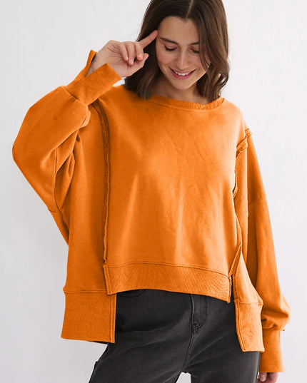Exposed Seam High-Low Long Sleeve Sweatshirt Tangerine One Size