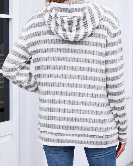 Striped Ribbed Knit Hoodie with Kangaroo Pocket