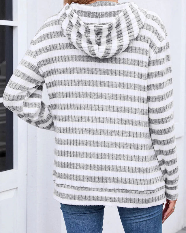 Striped Ribbed Knit Hoodie with Kangaroo Pocket