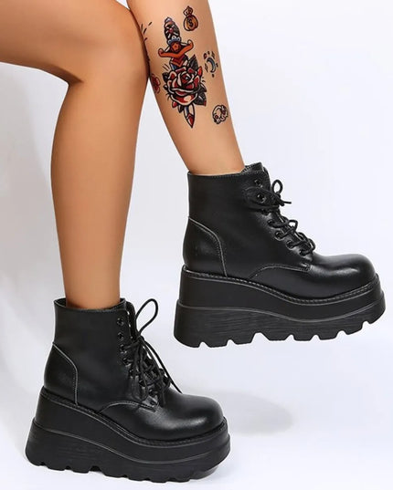 Lace Up Platform Wedge Boots Black Matte