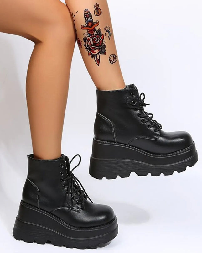 Lace Up Platform Wedge Boots Black Matte