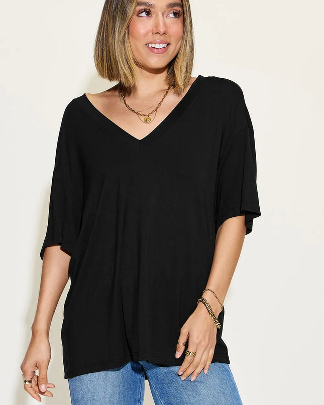 Basic Bae Full Size Bamboo V-Neck Drop Shoulder T-Shirt 