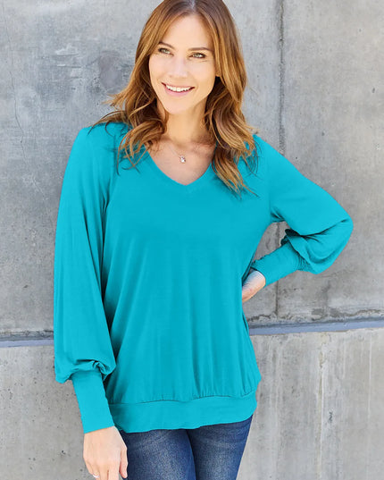 Basic Bae Full Size V-Neck Lantern Sleeve Top Sky Blue