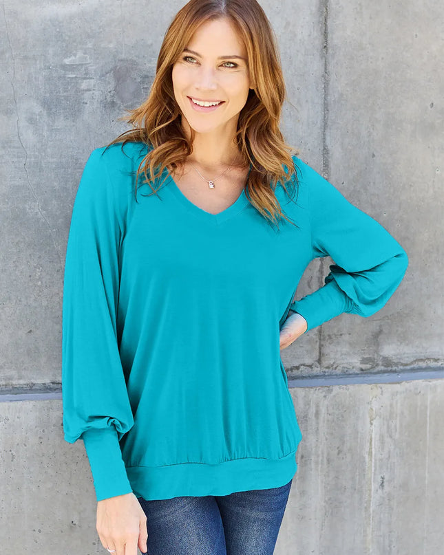 Basic Bae Full Size V-Neck Lantern Sleeve Top Sky Blue