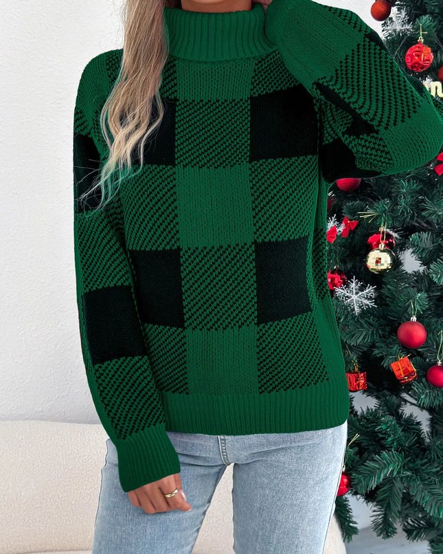 Christmas Plaid Long Sleeve Turtleneck Sweater