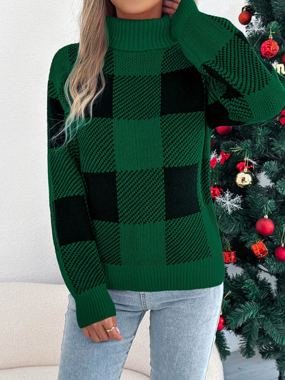 Christmas Plaid Long Sleeve Turtleneck Sweater