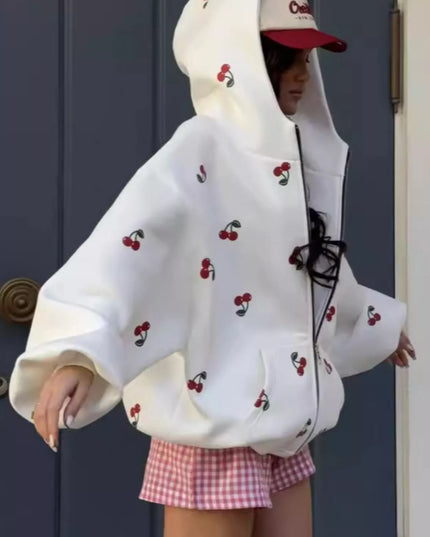 Cherry Print Oversized Zip-Up Hoodie