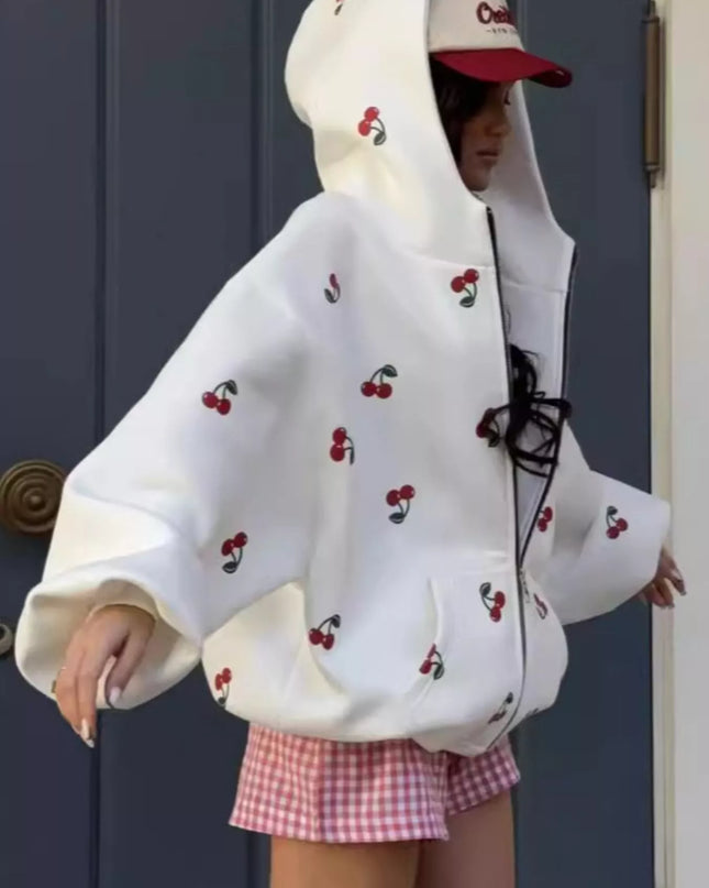 Cherry Print Oversized Zip-Up Hoodie