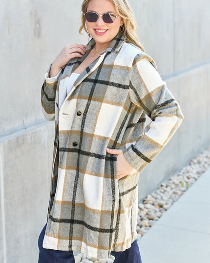 Double Take Full Size Plaid Button Up Lapel Collar Coat