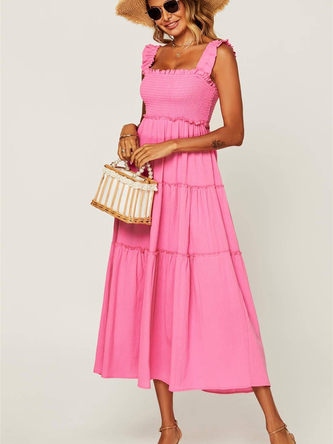 Hem Detail Tiered Maxi Dress in Fuchsia Pink. Pink