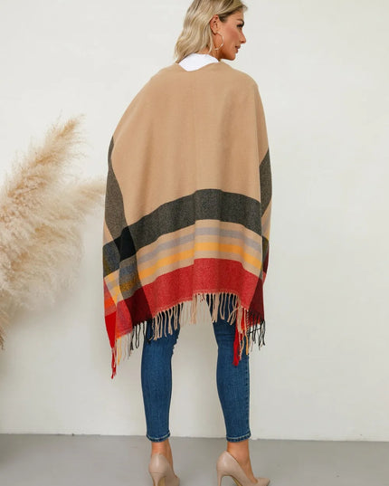 Fringe Contrast Plaid Poncho