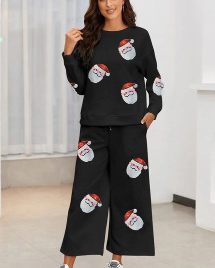 Santa Sequin Round Neck Top and Pants Set Black