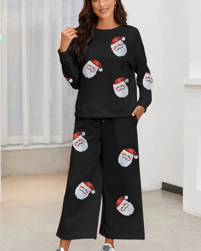 Santa Sequin Round Neck Top and Pants Set Black