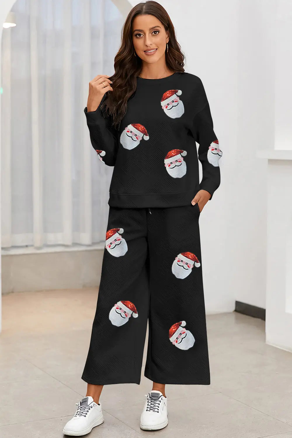 Santa Sequin Round Neck Top and Pants Set Black