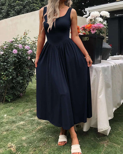 Sleeveless Midi Dress with Gathered Waist Navy Blue