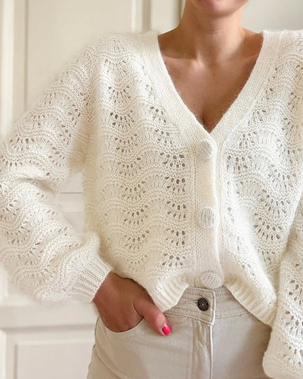 Openwork V-Neck Button Down Cardigan Ivory