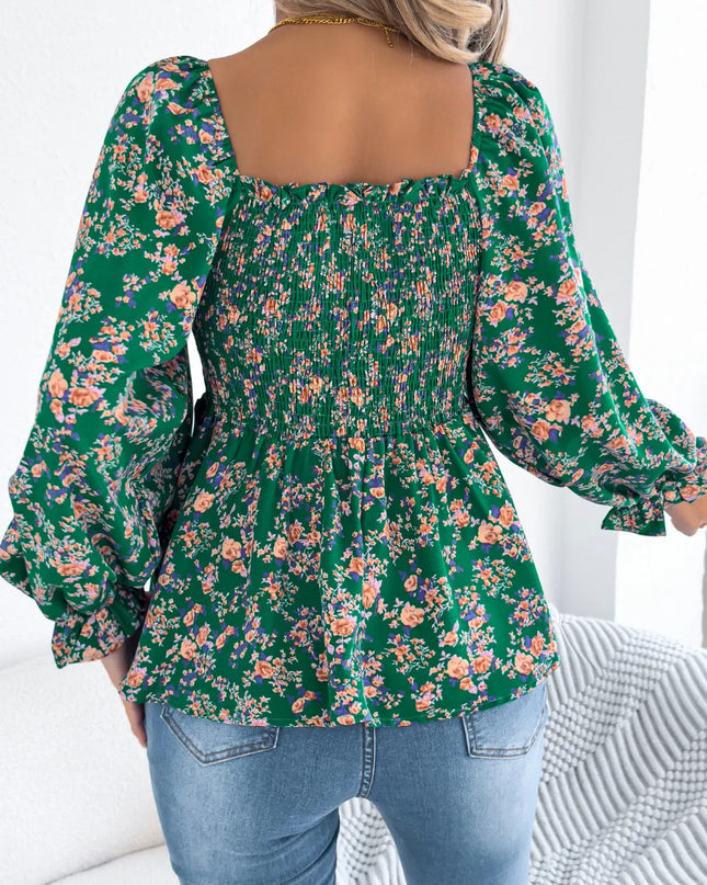 Floral Square Neck Flounce Sleeve Blouse 