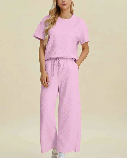 Double Take Full Size Texture Round Neck Short Sleeve Top and Pants Set