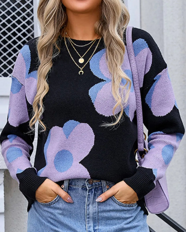 Angel Wings Flower Round Neck Long Sleeve Sweater