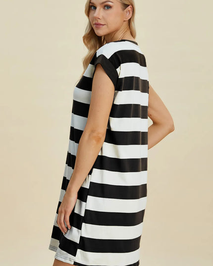 Basic Bae Full Size Striped Round Neck Cap Sleeve Mini Dress