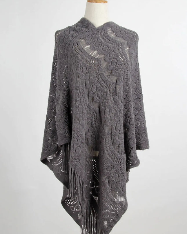 Fringe Openwork Surplice Cape Sleeve Poncho Dark Gray One Size