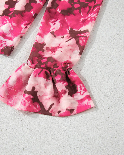 Floral Mesh Flounce Sleeve Mock Neck Blouse