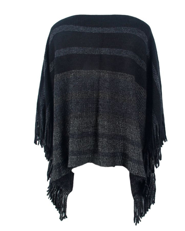 Striped Boat Neck Poncho with Fringes