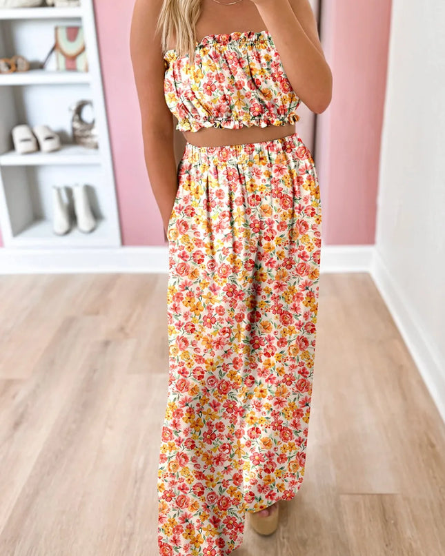 Boho Floral Bandeau Top and High Waist Wide Leg Pants Set Floral