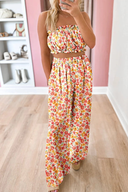 Boho Floral Bandeau Top and High Waist Wide Leg Pants Set Floral