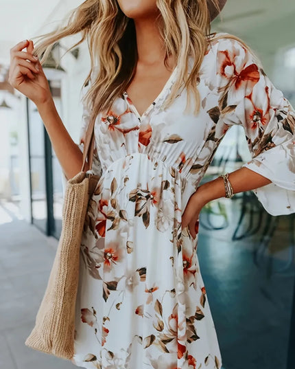 Floral V-Neck Three-Quarter Sleeve Mini Dress