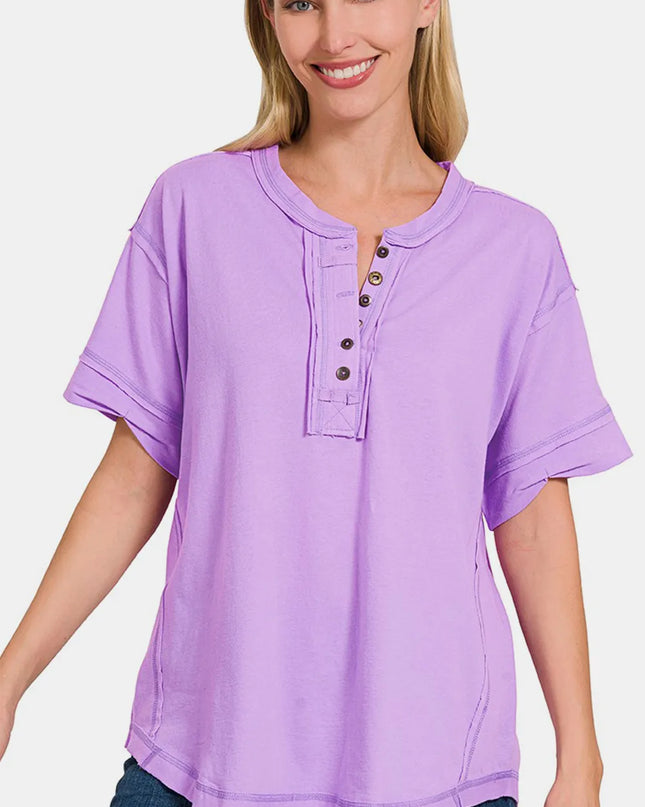 Zenana Exposed Seam Half Button Short Sleeve Top LAVENDER