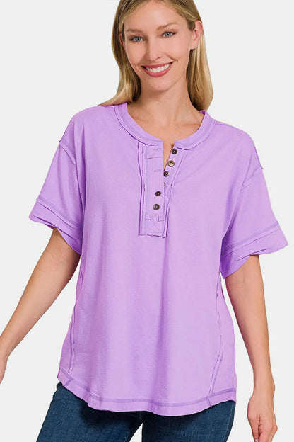Zenana Exposed Seam Half Button Short Sleeve Top LAVENDER