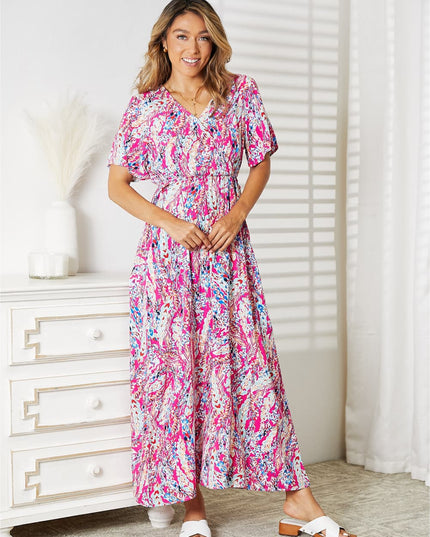 Double Take Multicolored V-Neck Maxi Dress Hot Pink