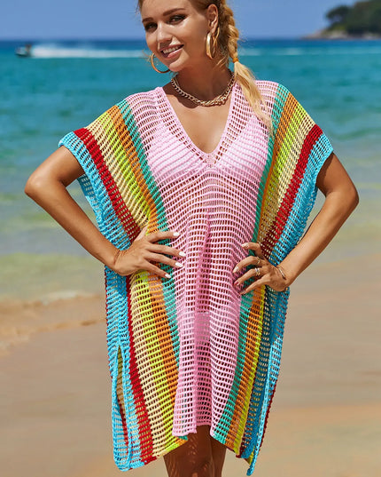 Angel Wings Openwork Striped Slit Knit Cover Up