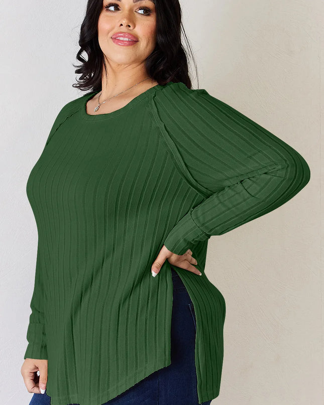 Basic Bae Full Size Ribbed Round Neck Slit T-Shirt