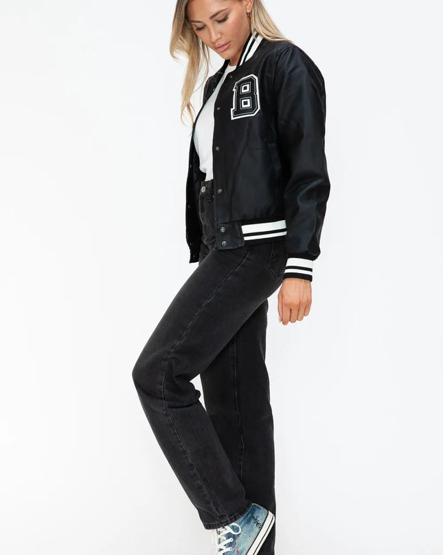 Love Me Now PU Leather Contrast Snap Down Bomber Jacket
